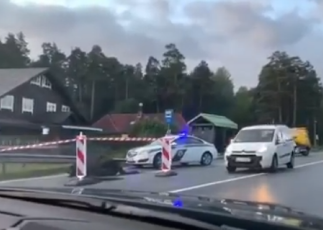 Видео: на дороге в Балтэзерс "железный конь" сбил лошадь