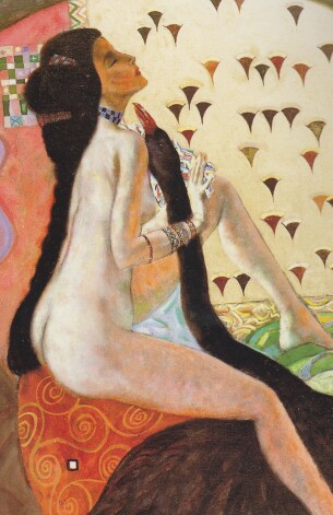 A.Stepanjans “Leda” (Veltījums Gustavam Klimtam), audekls, eļļa, 90x65 cm. LMS muzeja arhīva materiāls.