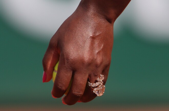 Serena Williams practice session Friday with her French Coach Patrick Mouratoglou wearing her Large Diamond Wedding Ring and Diamanté Nike Tennis Shoes