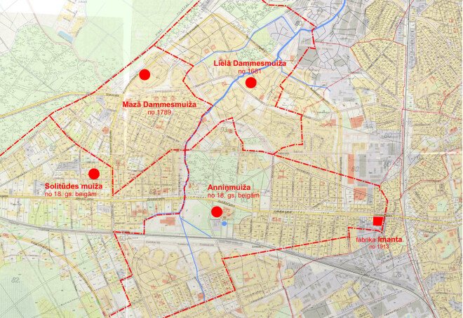Kartē shematiski attēlots, kā gadu gaitā izpletusies Rīga, paplašinoties uz kādreizējo muižu un arī "Imantas" kooperatīva rēķina.