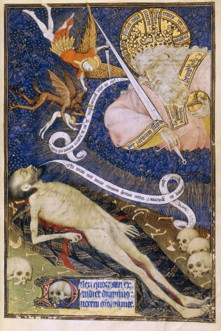 "Mirstošs vīrs Dieva priekšā", manuskripta ilustrācija no viduslaiku grāmatas "Rohana stundas" ("Grandes Heures de Rohan"), 1424. Parīze