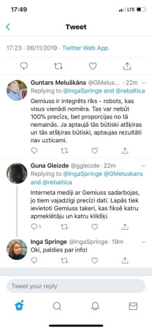 Spriežot pēc sarakstes, "Re:Baltica" līdzdibinātāja, žurnāliste Inga Spriņģe par “Gemius” eksistenci un lomu nozarē uzzināja no “Twitter” sarakstes, dažas dienas pēc "Re:Baltica" un SSE pētījuma publicēšanas.