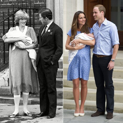 Princese Diāna un princis Čārlzs ar pirmdzimto dēlu princi Viljamu, un hercogiene Ketrīna ar princi Viljamu un pirmdzimto - princi Džordžu.