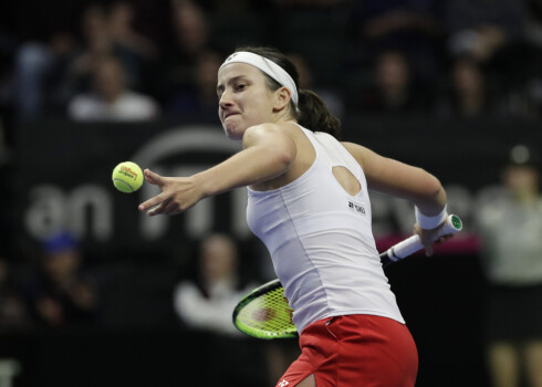 Latvia's Anastasija Sevastova winds up to hit a ball into the stands after defeating United States' Serena Williams in a Fed Cup qualifying tennis match Saturday, Feb. 8, 2020, in Everett, Wash. (AP Photo/Elaine Thompson)