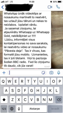 "WhatsApp" ķēdes vēstule, kurā izskan brīdinājums par viltus vīrusu.