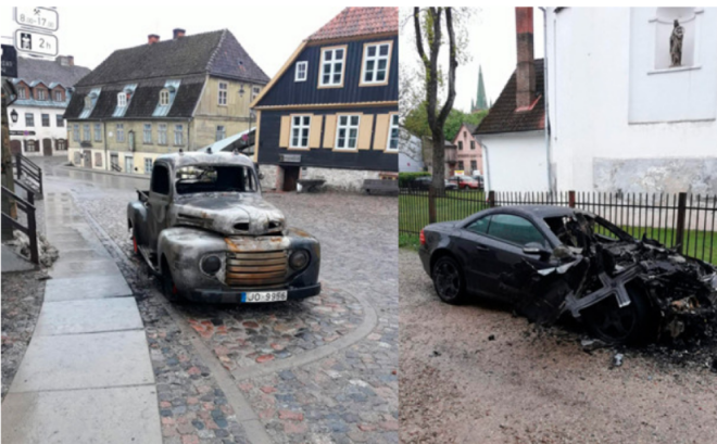 Pagājušā gada maijā Kuldīgā tika nodedzinātas divas automašīnas, kas piederēja kafejnīcas “Goldingen Room” saimniekiem. 