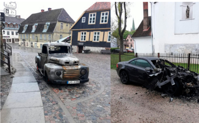 Pagājušā gada maijā Kuldīgā tika nodedzinātas divas automašīnas, kas piederēja kafejnīcas “Goldingen Room” saimniekiem.