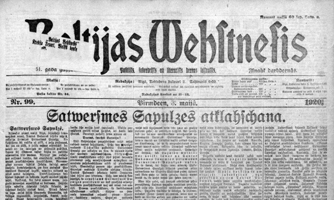 1920. gada 3. maija laikraksts "Baltijas Vēstnesis" ziņo par Satversmes Sapulces pirmo sēdi.