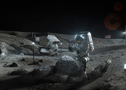 NASA ilustrācija ar "Artemis" astronautiem uz Mēness.