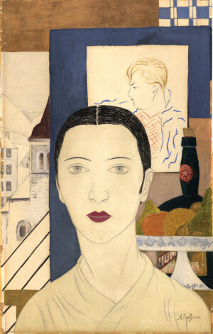 Aleksandra Beļcova. Pašportrets ar Austras Ozoliņas-Krauzes ģīmetni fonā. 1927. Papīrs, akvarelis, tuša.