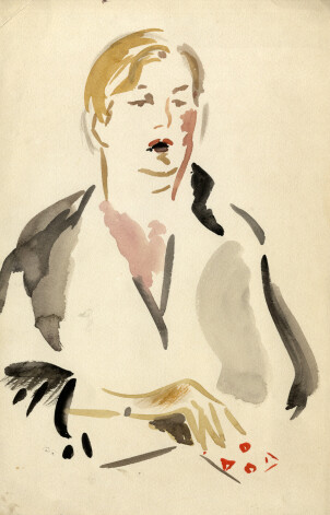 Aleksandra Beļcova. Austra Ozoliņa-Krauze ar kārtīm. 1925.–1931. Papīrs, akvarelis.