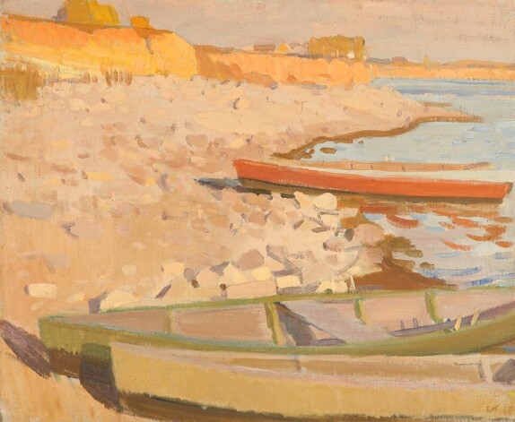 Edīte Krastenberga. “Daugavas krasts ar laivām” (1965., audekls/eļļa, 54x65 cm).