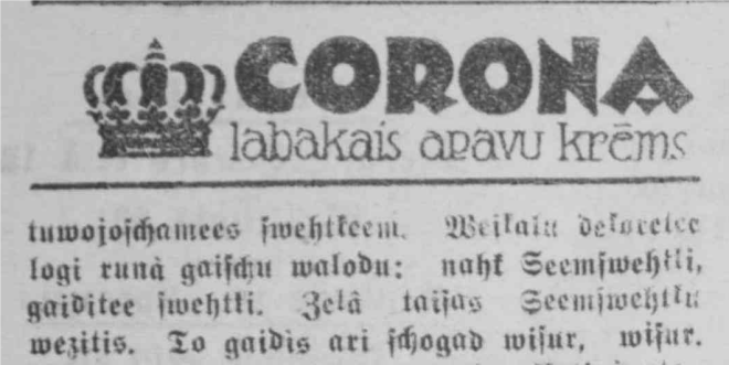 Liepājas laikraksts “Kurzemes Vārds” Ziemassvētkos reklamē “Corona” (1928. gads).