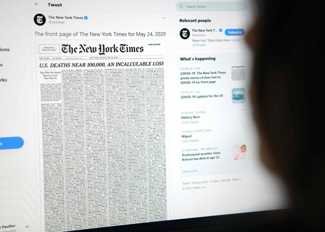 "The New York Times" pirmajā lappusē publicē Covid-19 upuru vārdus