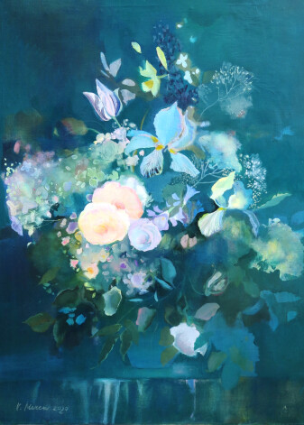 Vita Merca. “Ziedi (tumšā zili zaļā)” (2020, akvarelis/eļļa, 80x60 cm).