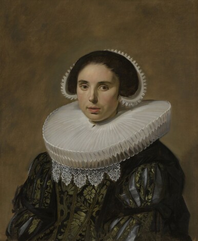 Portrait of a Woman, by Frans Hals, 1635, Dutch painting, oil on canvas. Sitter is the wife of Hals portrait of a man identified as Nicolaes Hasselaer. In this work the pose and the paint application is smoother, suggesting the softness of a womans skin (BSLOC_2016_3_65)
