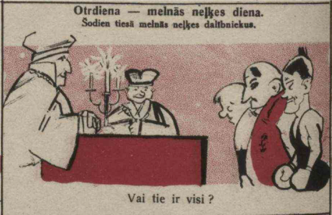 Otrdiena – melnās neļķes diena. Šodien tiesā melnās neļķes dalībniekus (žurnāls “Hallo”, 1927. gada novmebris).