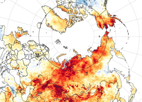 Ar sarkanu krāsu atzīmēti laukumi, kuros temperatūra pārsniegusi 2003.-2018.gadu perioda vidējo temperatūru