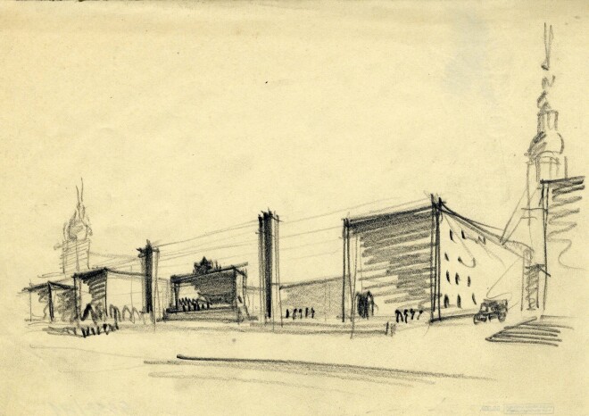 Andreja Holcmaņa izstrādātais mets Uzvaras piemineklim Vecrīgā (1945. gads).