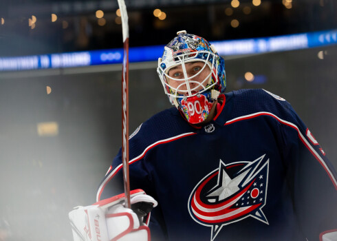 Elvis Merzlikins (90) of the Columbus Blue Jackets skates the ice before a game between the New York Islanders and the Columbus Blue Jackets at Nationwide Arena on , in Columbus, OH