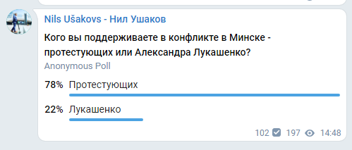 Nila Ušakova iniciētā aptauja par notikumiem Baltkrievijā pierāda, ka Rīgas eksmēra sekotāji viņa sociālo tīklu kontos, neatbalsta kaimiņvalsts preziedenta Aleksandra Lukašenko režīmu.  * 