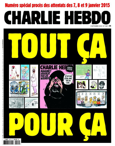 "Charlie Hebdo" tīmeklī publicējis jaunā numura vāka attēlu. Tajā būs 13 karikatūras ar pravieti Muhamedu, kā arī uzraksts "Tas viss par šo".