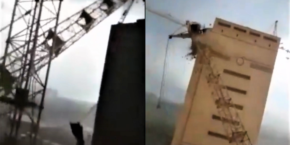 Stindzinošs video no Krievijas: vētras laikā apgāžas milzu ceļamkrāni ar visiem celtniekiem