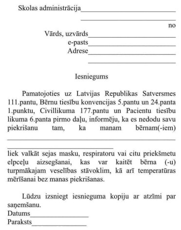 Anonīmas iniciatīvas autori bērnu vecākus mudina savas atvases norobežot no epidemioloģiskās drošības pasākumiem.