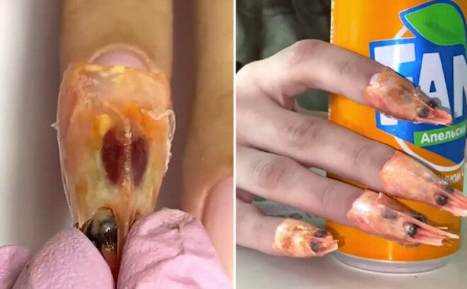 Visai dīvains manikīrs, kurā izmantotas garneļu galvas.