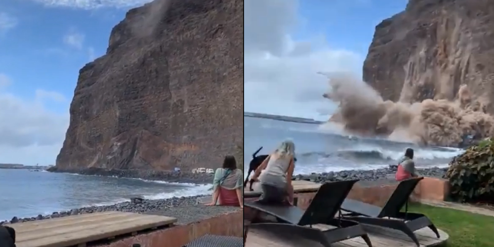 VIDEO: atpūtnieki Kanāriju salās bailēs mūk, redzot, kā gabalos sāk brukt milzīga klints