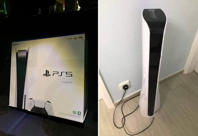 Pārpirktais "PlayStation 5" un īstais gaisa attīrītājs, par ko vīrietis mēģināja uzdot savu konsoli.