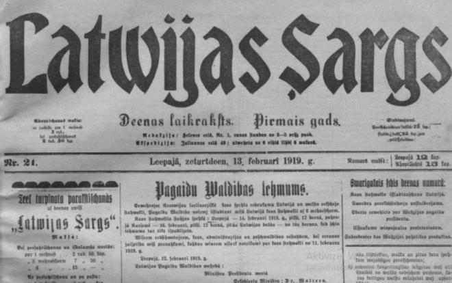 1919. gada 13. februāra “Latvijas Sargs” ziņo par kara laika noteikumu ieviešanu Kurzemē.