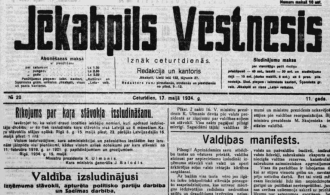 “Jēkabpils Vēstnesis” skaidro 1934. gada 15. maija Ulmaņa apvērsuma “rezultātu” – kara stāvokli.  * 