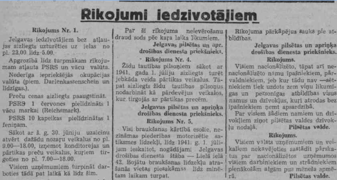 “Atbrīvotās” Jelgavas 1941. gada 30. jūnija laikraksts “Nacionālā Zemgale” vēsta par komandantstundas ieviešanu.  