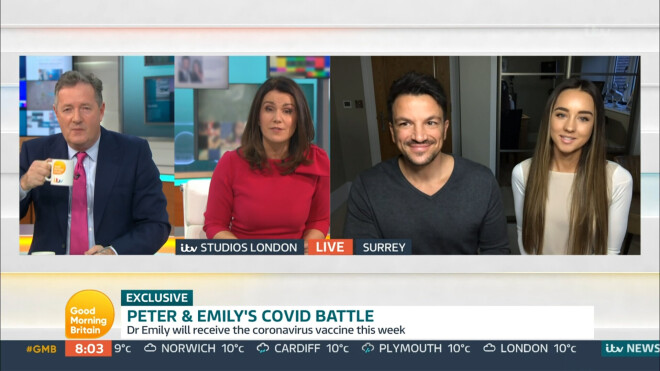 Pīters Andrē ar sievu Emīliju video intervijā Pīrsam Morganam un Sūzenai Rīdai rīta šovā "Good Morning Britain".