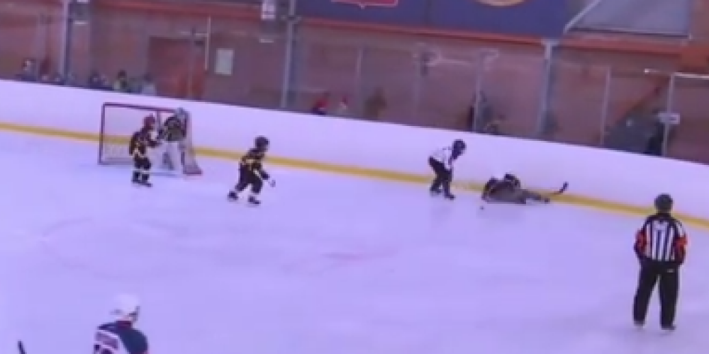 VIDEO: mazais hokejists pēc neveiksmīgas ietriekšanās bortā nonāk komā