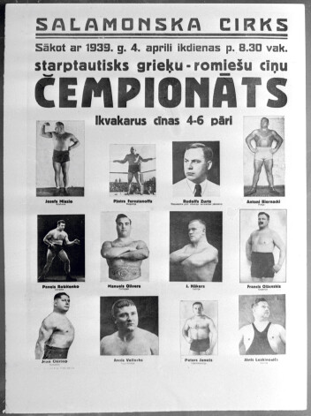 Starptautiskā grieķu-romiešu cīņu čempionāta afiša, 1939. gads. 