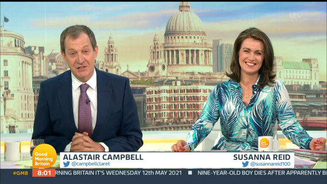 Alistērs Kempbels un Sūzena Rīda TV šovā “Good Morning Britain” šā gada 12. maijā.