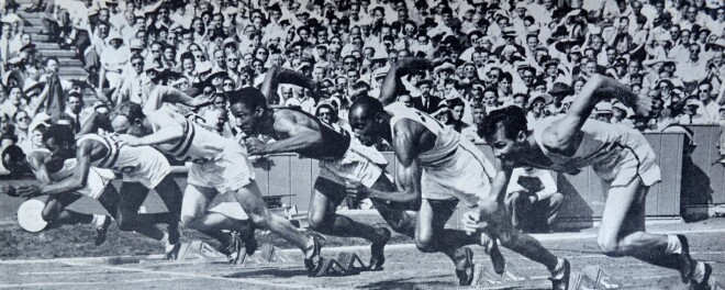 Atlēti sacenšas olimpiskajās spēlēs. Foto datēts ar 1946. gadu.