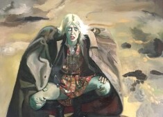 Maija Tabaka “Uz kraujas” (1991., audekls/eļļa, 180x140 cm, gleznas fragments no izstādes galerijā “Daugava”). 