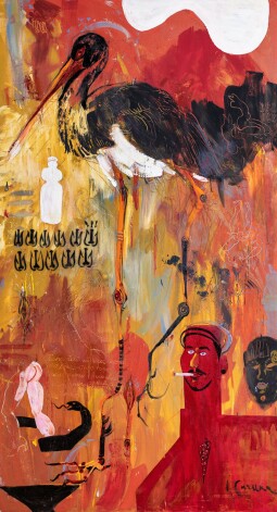 Ieva Caruka. “Gandrs un cīgas” (audekls/akrils, 218x115 cm).