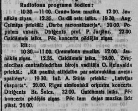 1928. gada 10. un 11. augusta Rīgas radiofona programma.