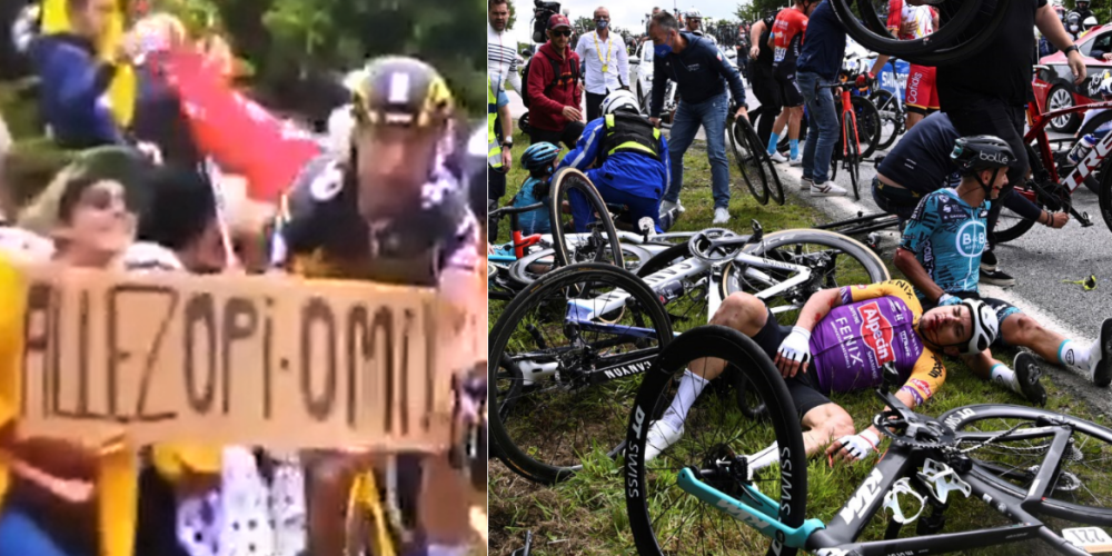 Neapdomīga fane ar plakātu izraisa masu avāriju "Tour de France" sacīkstēs