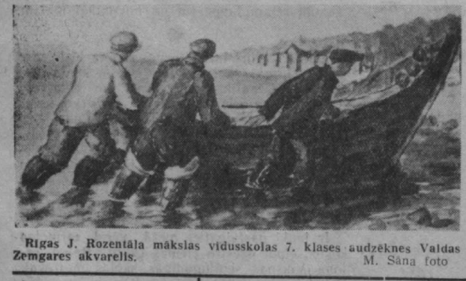 Jaņa Rozentāla mākslas vidusskolas 7. klases skolnieces Valdas Zemgares akvarelis 1957. gada 31. janvāra laikrakstā „Pionieris”.