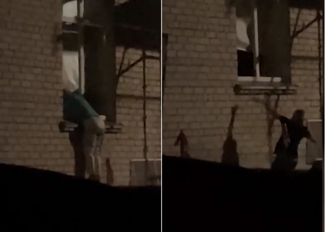 Персонал в стационаре Бикерниеки выпрыгивает с окна и прячется в кустах