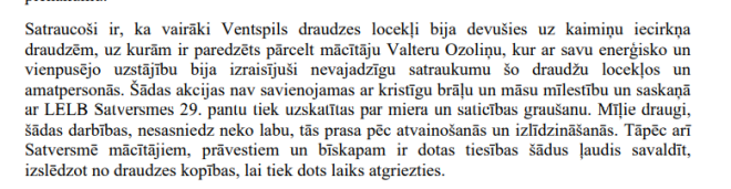 LELB vadība Ventspils draudzes locekļiem – nemiera cēlājiem draud pat ar iespējamo izslēgšanu no draudzes kopības.