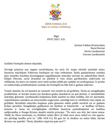 LELB arhibīskaps Jānis Vanags Ventspils domniekiem norāda: “Viena no smagākajām problēmām, ar kurām mums jau daudzus gadus jāsaskaras un pat jācīnās, ir nestabilitāte mācītāju ģimenēs”. 