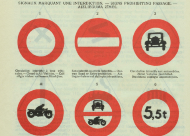 Pirmās starptautiskās ceļa zīmes, ko pirms 90 gadiem apstiprināja Ženēvā (“Likumu un Ministru kabineta noteikumu krājums”, 1938. gada 22. oktobris).