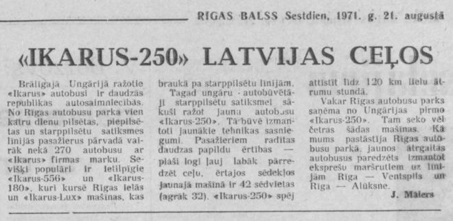 “Rīgas Balss” raksta par toreiz supermoderno ungāru autobusu “Ikarus 250” piegādi Latvijai (1971. gada 21. augusts).