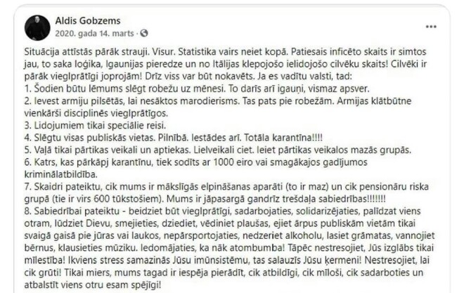 Internets neko neaizmirst – Alda Gobzema paziņojums “Facebook” 14. martā.